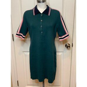 The Upside Green Knit Polo Dress W/ Blue Pink White Striped Collar Trim, Size 10